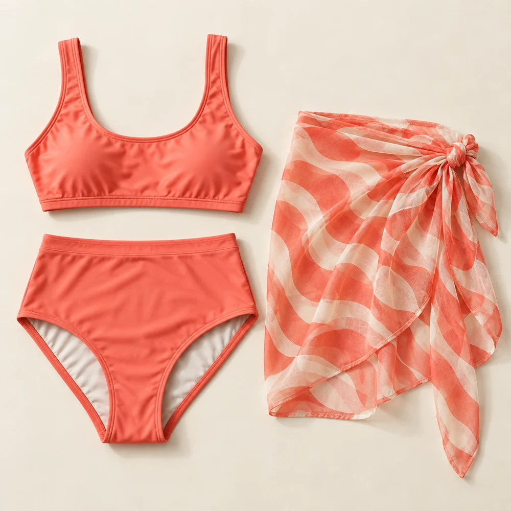 Sunset Bikini & Sarong Set — Coral / Cream, included pieces
